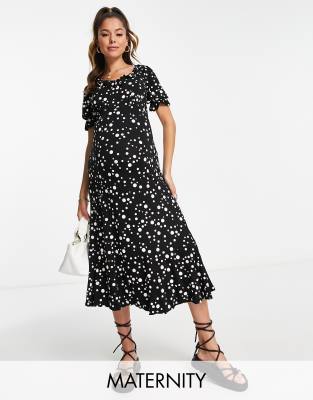 River Island Maternity frill neck midi dress in black spot - ASOS Price Checker
