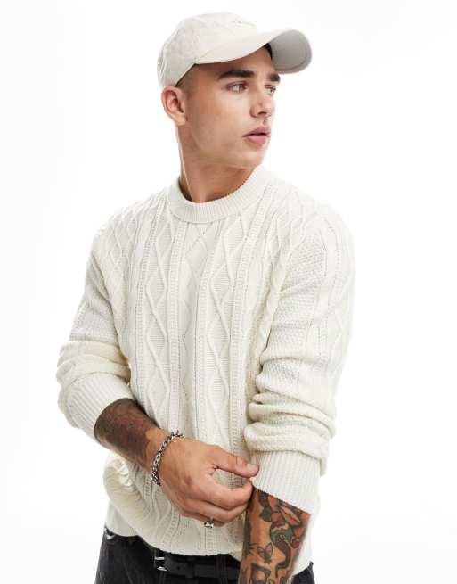 River Island – Gruby sweter z dzianiny o splocie warkoczowym, w kolorze ecru