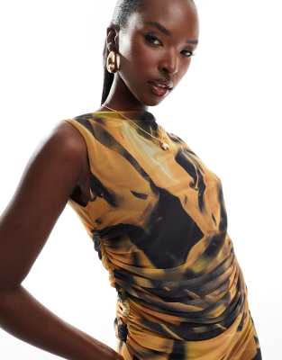 River Island – Gul, blommig topp i mesh, del av set - view 1