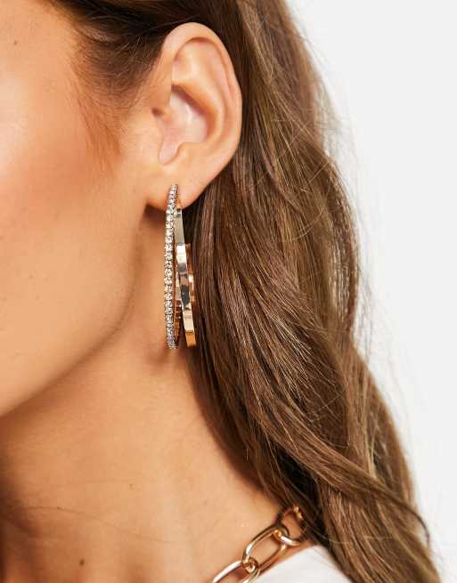 River Island – Guldfärgade creoler i dubbla rader med strass