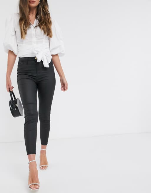 River Island Hailey waxed coated high rise skinny jeans in black, 4 of 4
