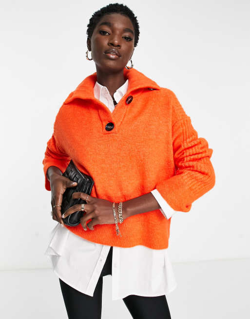 River Island half button boxy sweater in orange