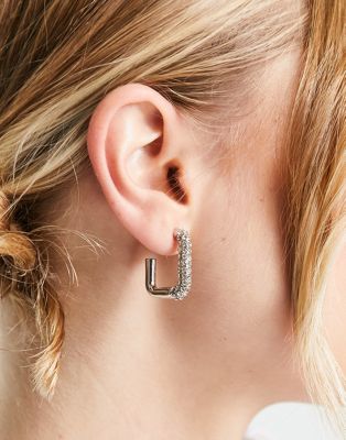 River Island half pave sqaure hoop earrings in silver - ASOS Price Checker