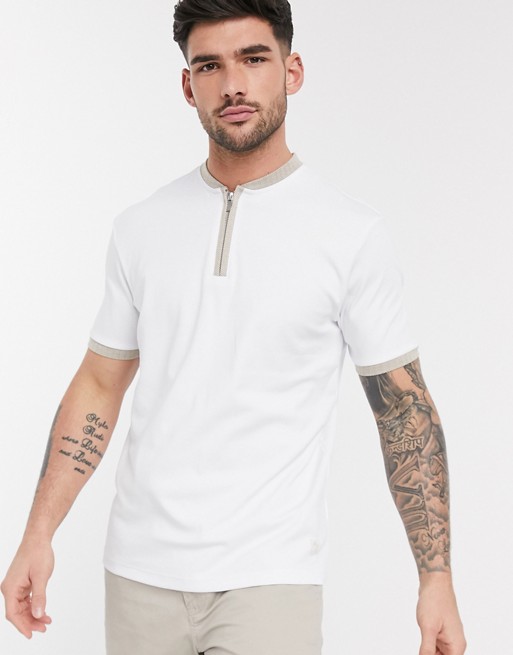 River Island half zip polo with granddad collar in white