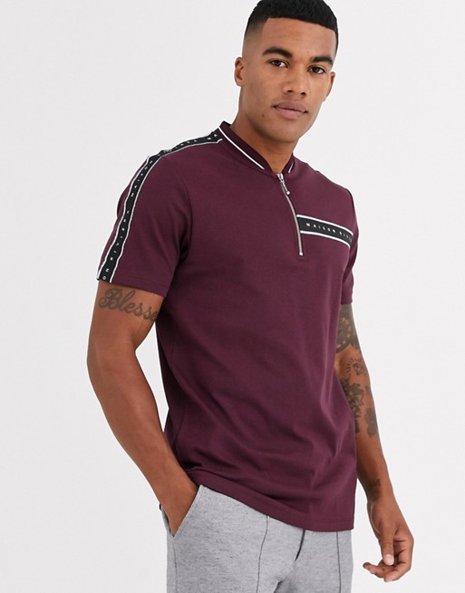 River Island half zip polo with taping in burgundy