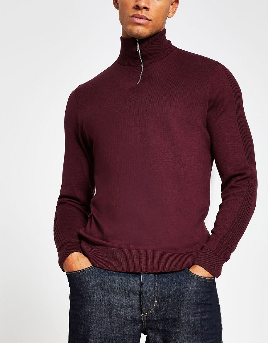 River Island half zip slim fit sweater in burgundy-Red