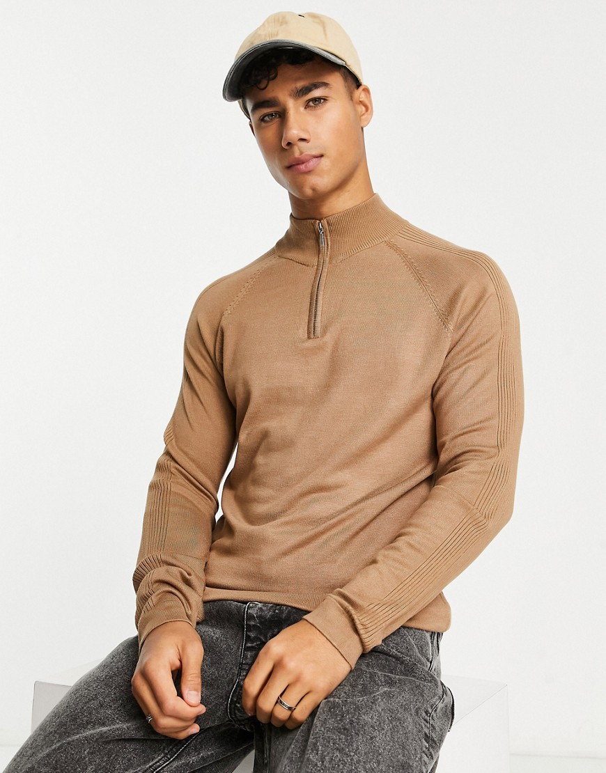 River Island Muscle Fit Cable Polo Sweater In Stone-neutral