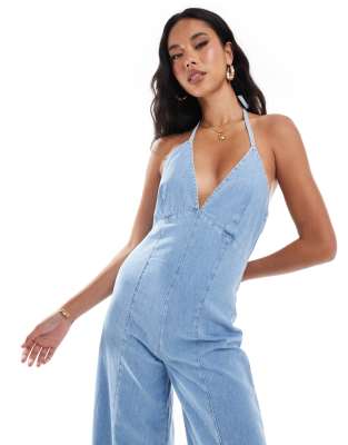 River Island halter denim jumpsuit in lightwash blue ASOS