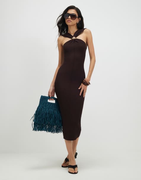 River Island Halter neck brooch knitted midi dress in brown - dark - view 1