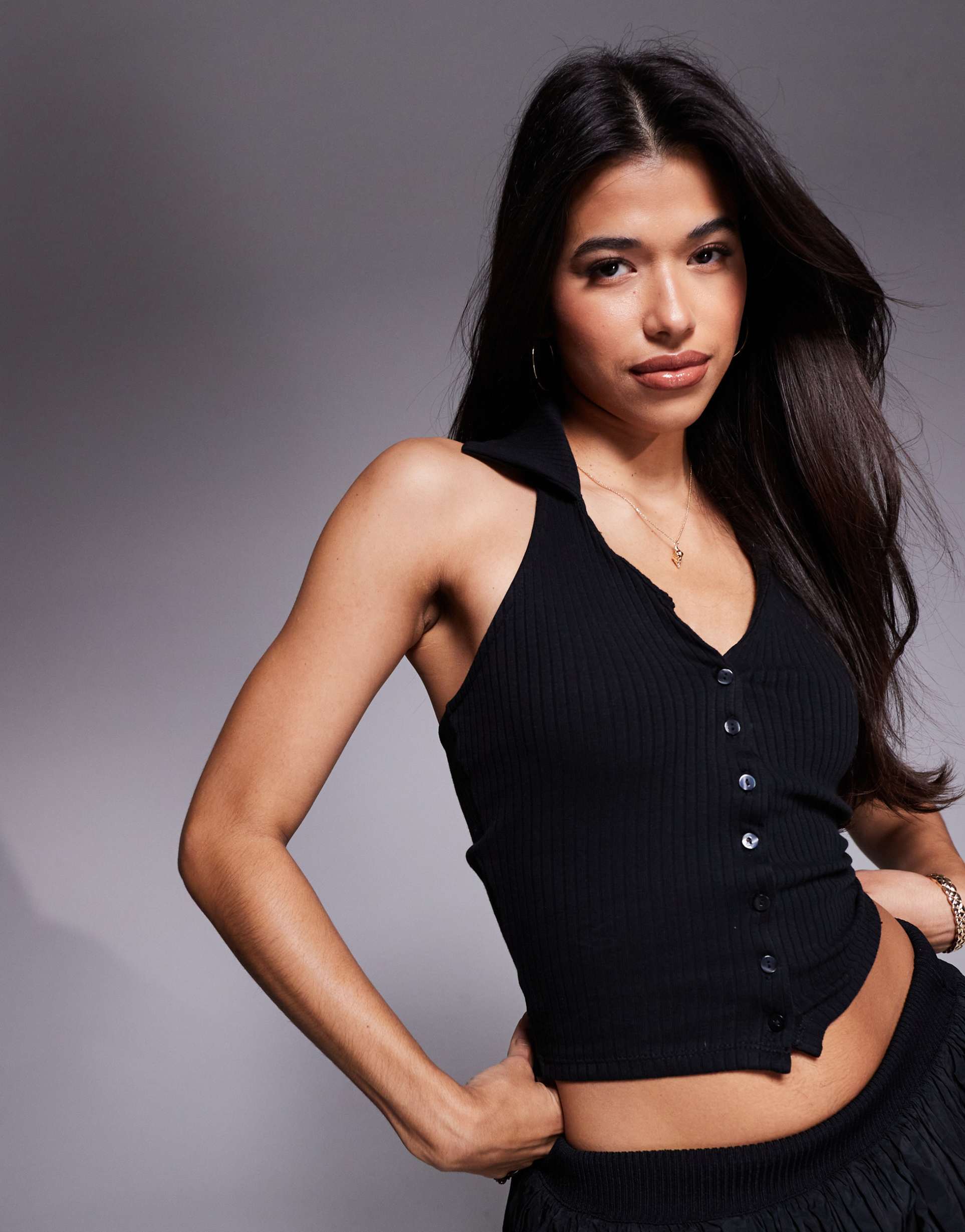 river island halter neck button up top in black