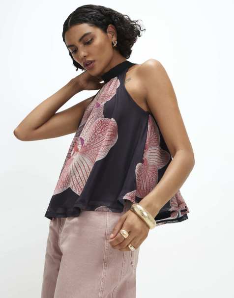 River Island Halter neck floral print mesh top in black - view 1