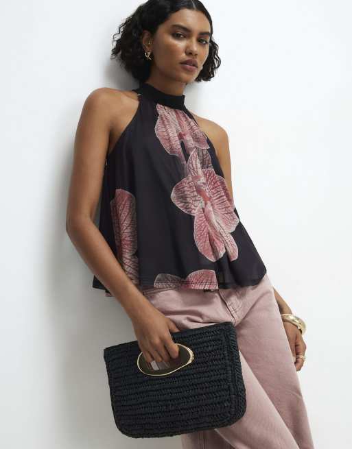 River Island Halter neck floral print mesh top in black , 2 of 4