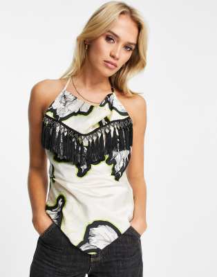 River Island halter neck fringe detail top in cream