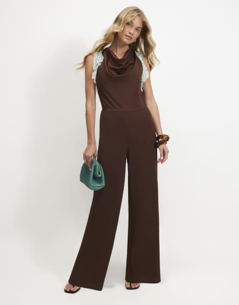 River Island Halter neck lace trim jumpsuit in dark brown - view 1