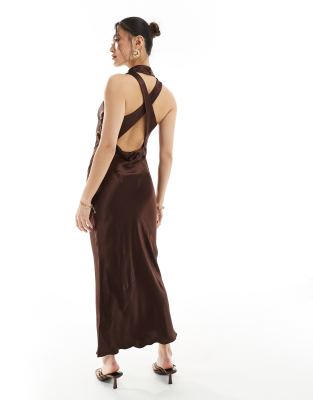 River Island Halter Neck Midi Dress In Brown