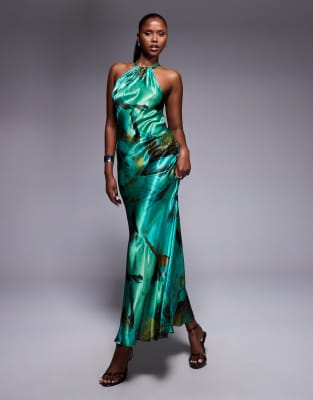 River Island Halter Neck Satin Maxi Dress In Blue