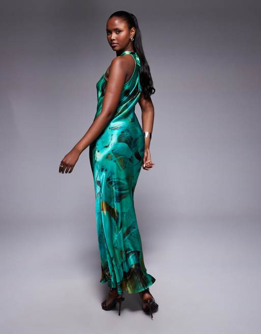 River Island halter neck satin maxi dress in green print