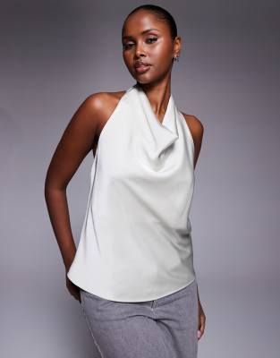 River Island Halter Neck Satin Top In Silver