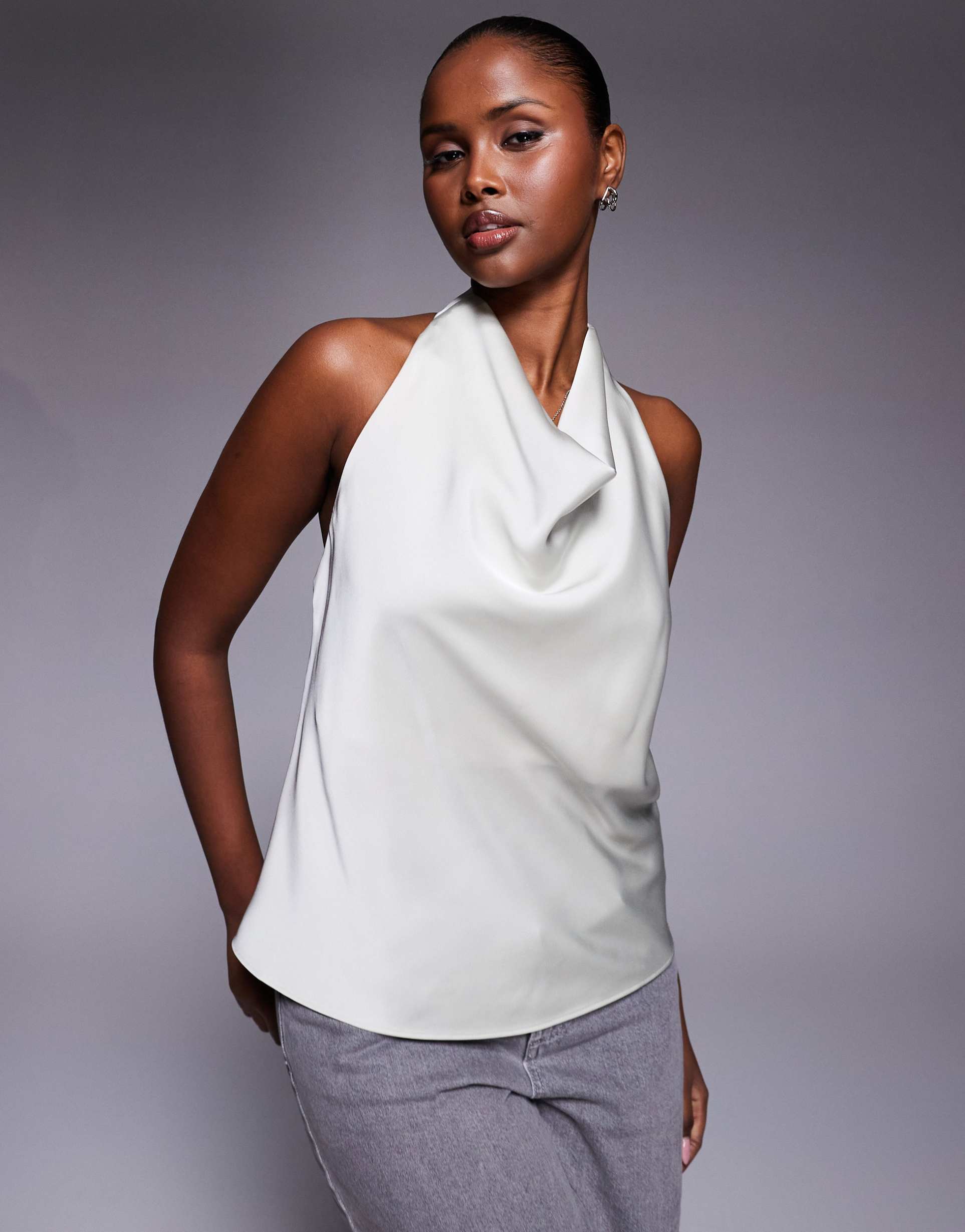 river island halter neck satin top in silver