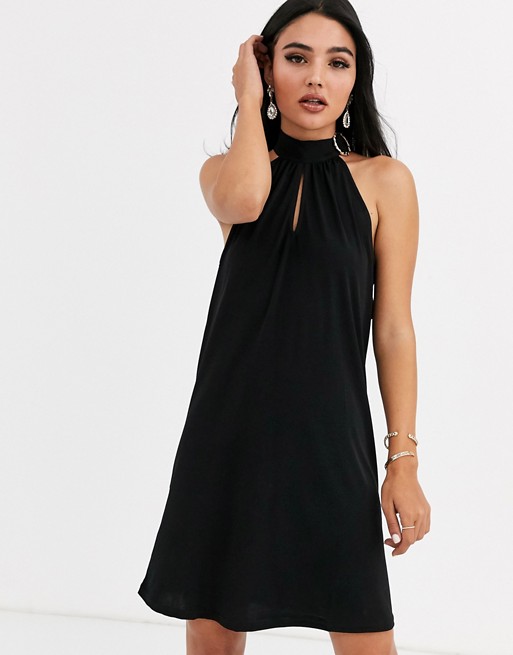 River Island halter neck swing dress with buckle detail in black