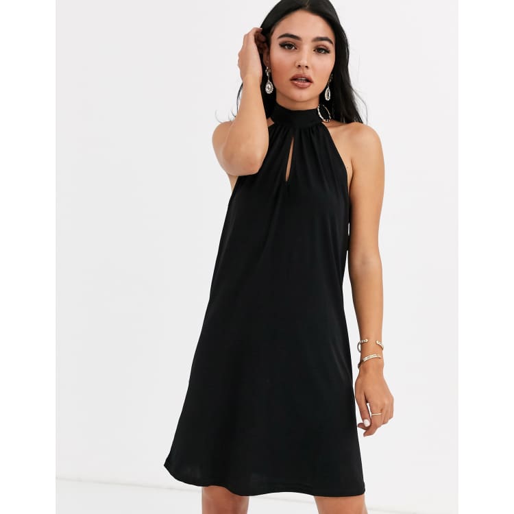 River Island halter neck swing dress with buckle detail in black