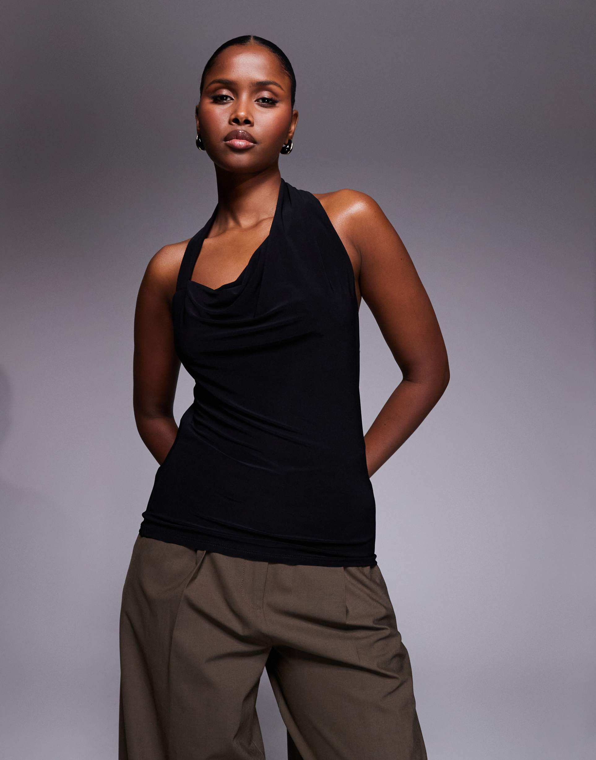 river island halter neck top in black