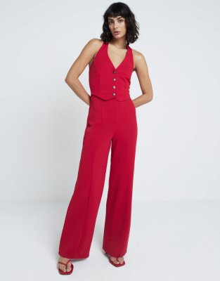 Shop River Island Halter neck waistcoat jumpsuit in red Online – Trendy & Affordable Fashion
