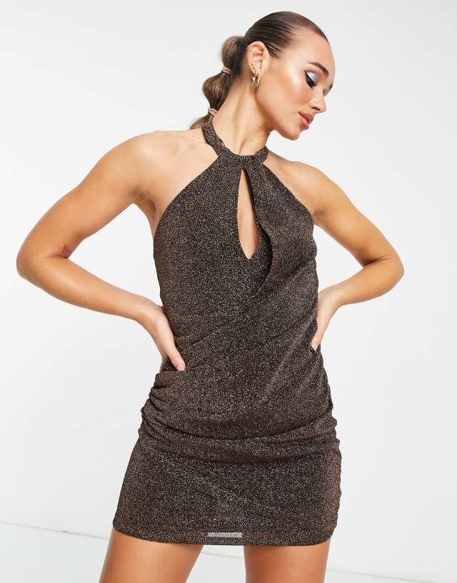 River Island halterneck body-conscious mini dress in bronze