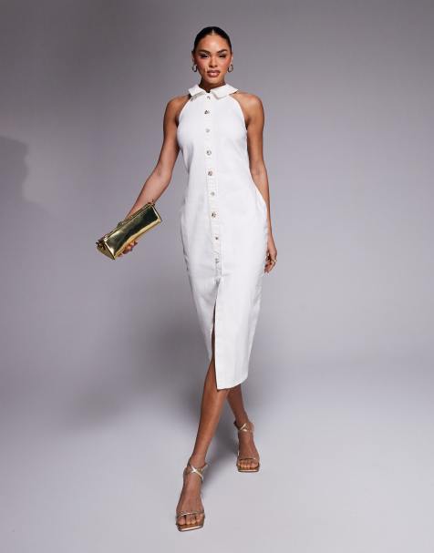 River Island halterneck denim dress in white - view 1