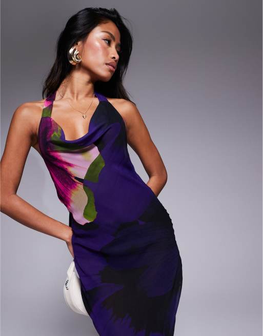 River Island halterneck floral maxi dress in mid purple