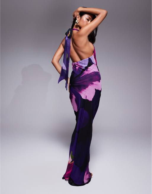 River Island halterneck floral maxi dress in mid purple