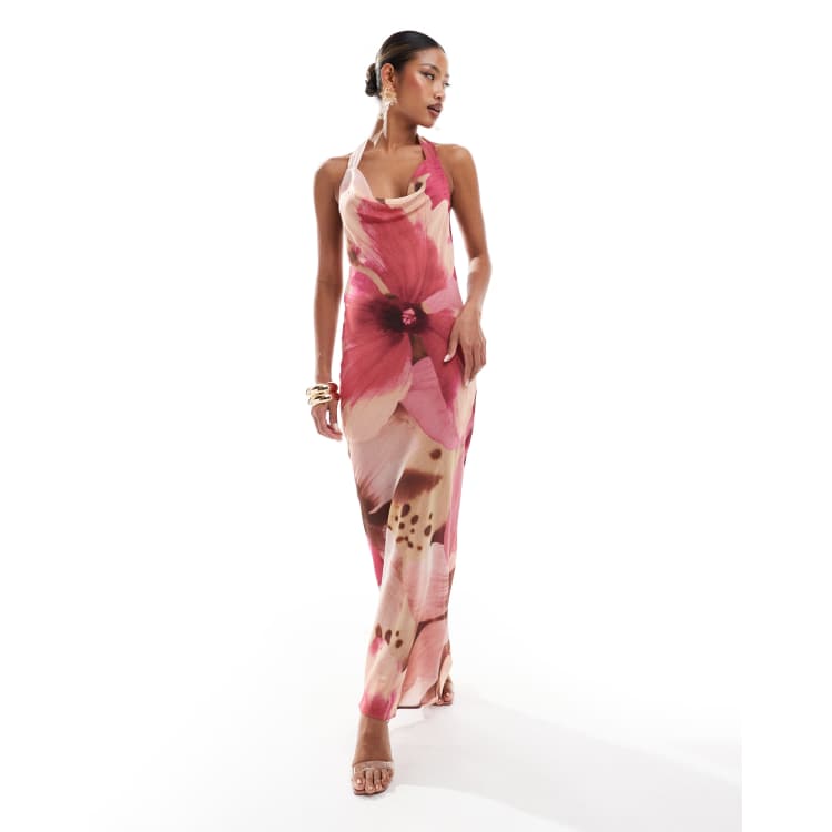 River Island halterneck floral print maxi dress in mid purple | ASOS
