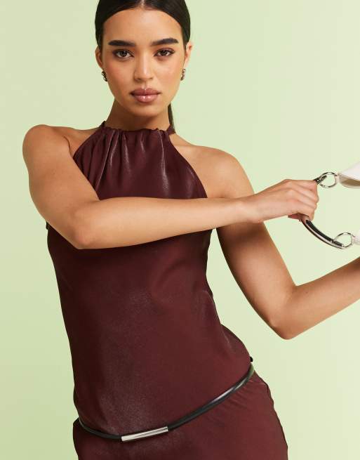 River Island halterneck maxi dress in bronze | ASOS