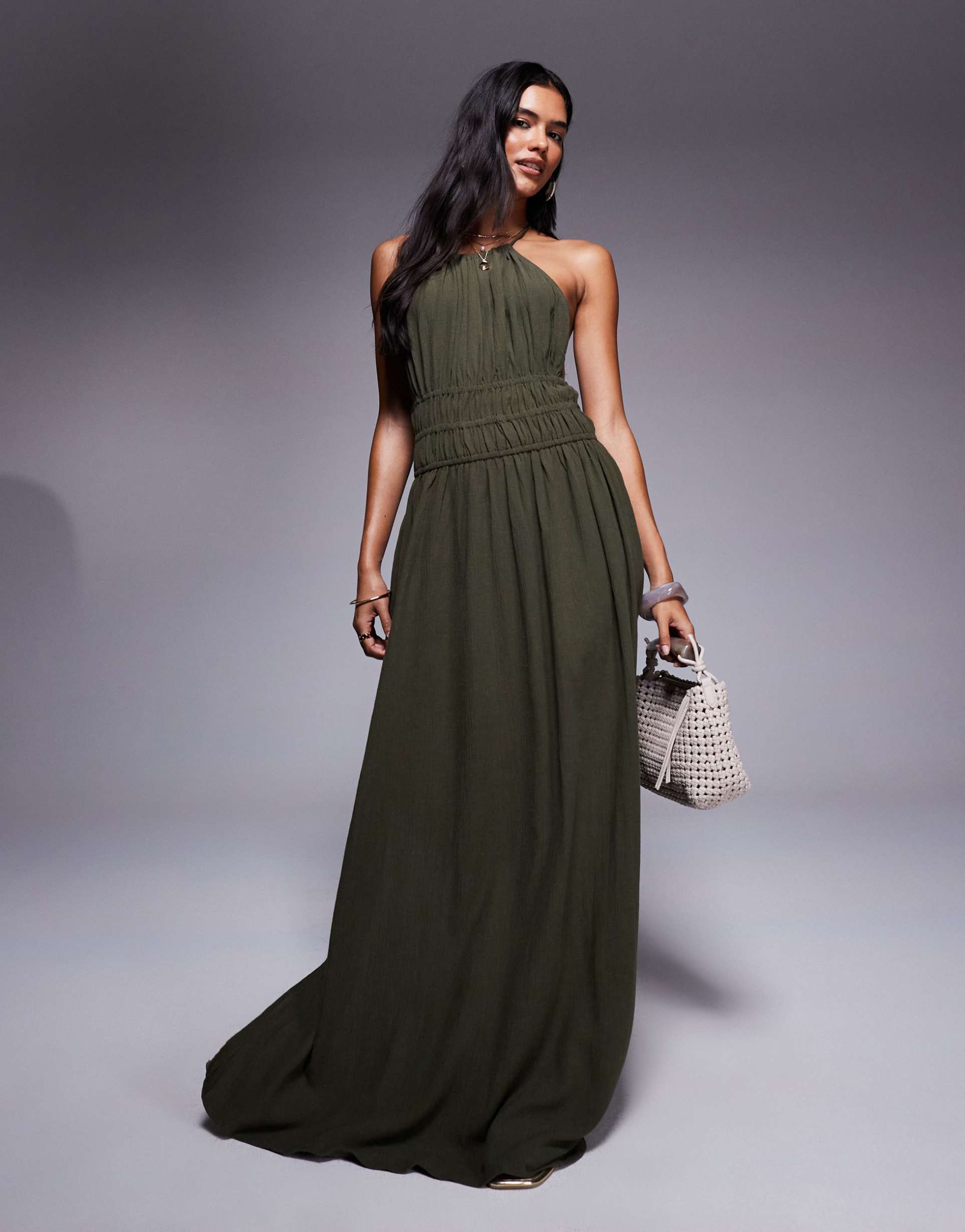 river island halterneck maxi dress in khaki green