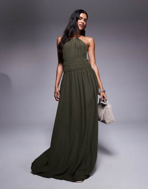 River Island halterneck maxi dress in khaki - view 1