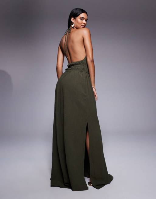 River Island halterneck maxi dress in khaki, 3 of 4