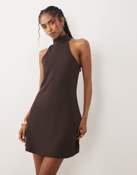 River Island halterneck neoprene mini dress in dark brown - view 1