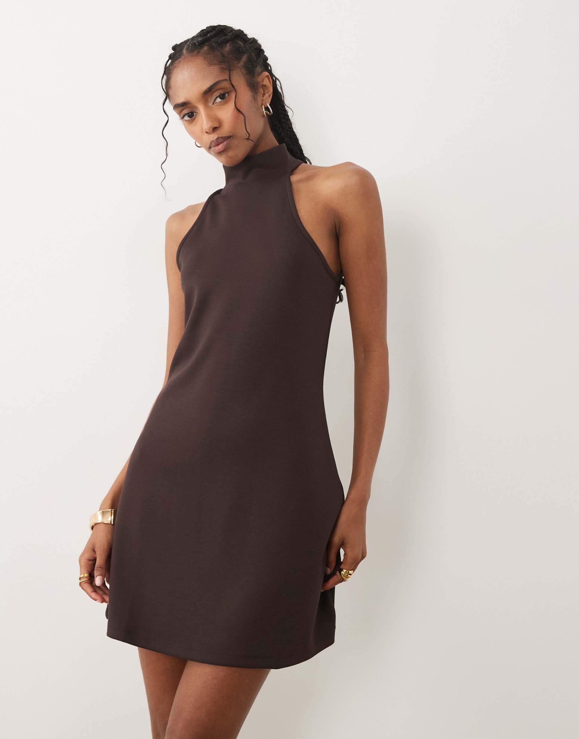 river island halterneck neoprene mini dress in dark brown