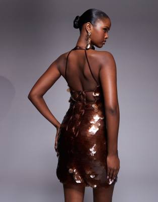 River Island Halterneck Sequin Mini Dress In Burgundy