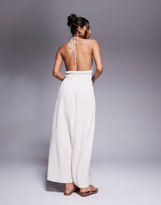 River Island halterneck shirred maxi dress in stone-Neutral