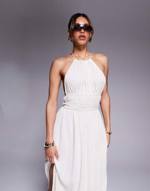River Island halterneck shirred maxi dress in stone-Neutral