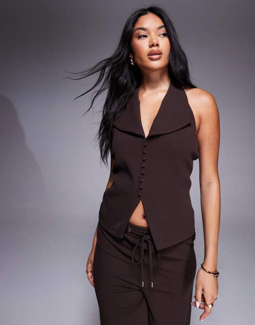 River Island halterneck waistcoat in dark brown