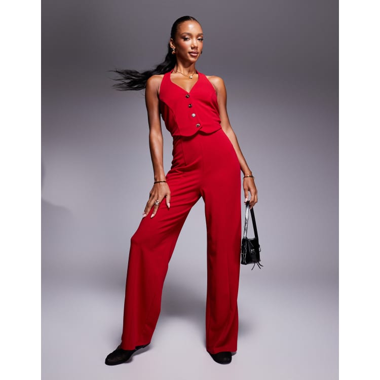 River Island halterneck waistcoat jumpsuit in red ASOS