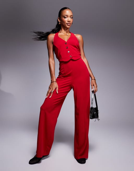 River Island halterneck waistcoat jumpsuit in red ASOS