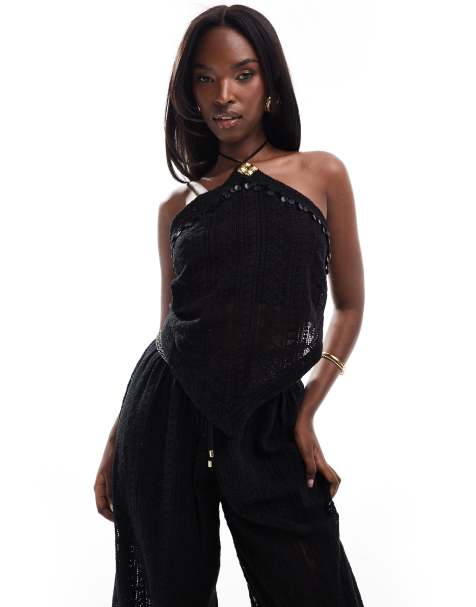 River Island - Haltertop met sjaalprint in zwart, deel van co-ord set - view 1