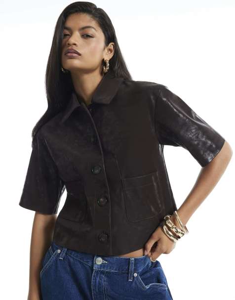 River Island Hammered faux leather shirt in dark purple - view 1