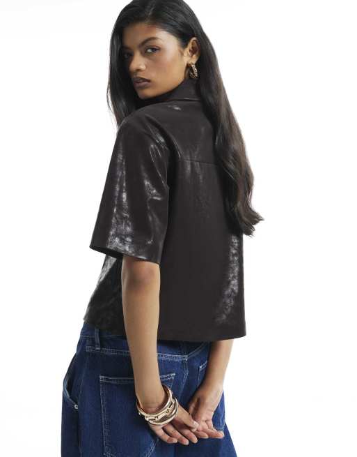 River Island Hammered faux leather shirt in dark purple, 4 of 4