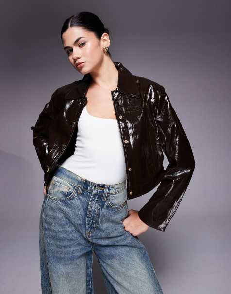 River Island – Harrington-Jacke aus Kunstleder in Kroko-Dunkelbraun - view 1