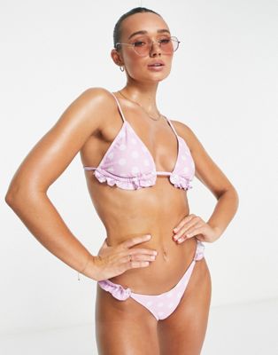 River Island polka dot frill triangle bikini top in purple - ASOS Price Checker