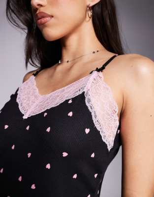 River Island Heart Print Cami And Pants Pajama Set In Black